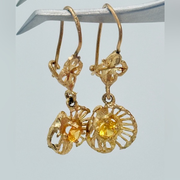 Vintage 10K Yellow Gold Floral Dangle Earrings | Yellow Stones | 2.4g - Picture 3 of 10